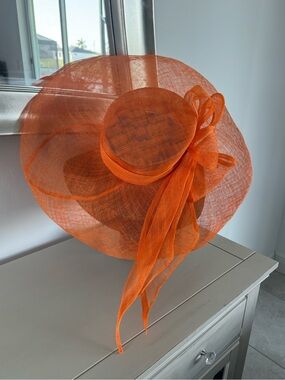 Women's Orange Wide-Brim Fascinator Hat with Bow Accent